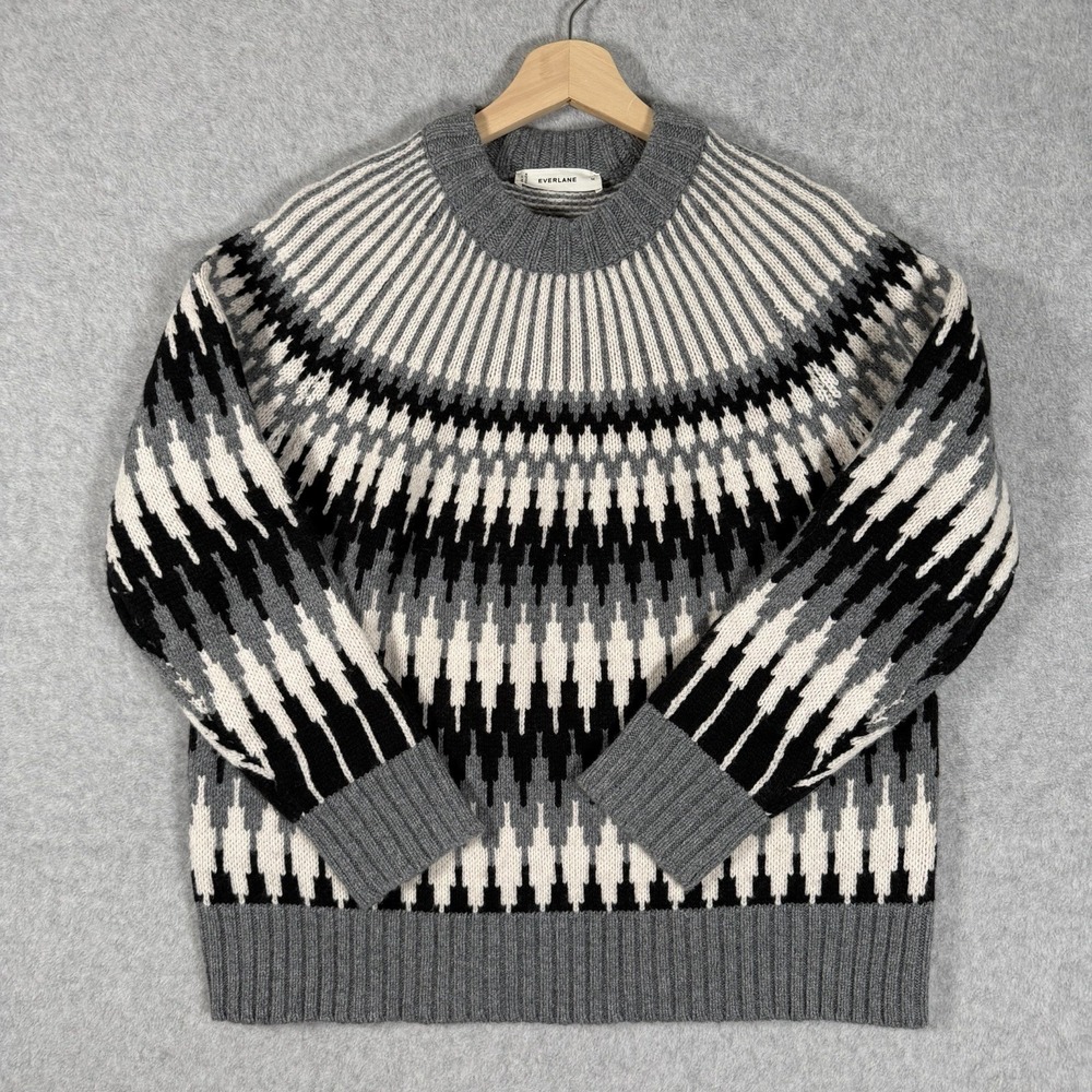 Everlane Fair Isle Wool Sweater Women Medium Gray Nordic Geometric Crewneck NWOT